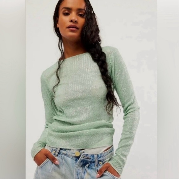 Free People Intimately Gold Rush Green Sequin Blouse Long Sleeves Women’… - Picture 1 of 7